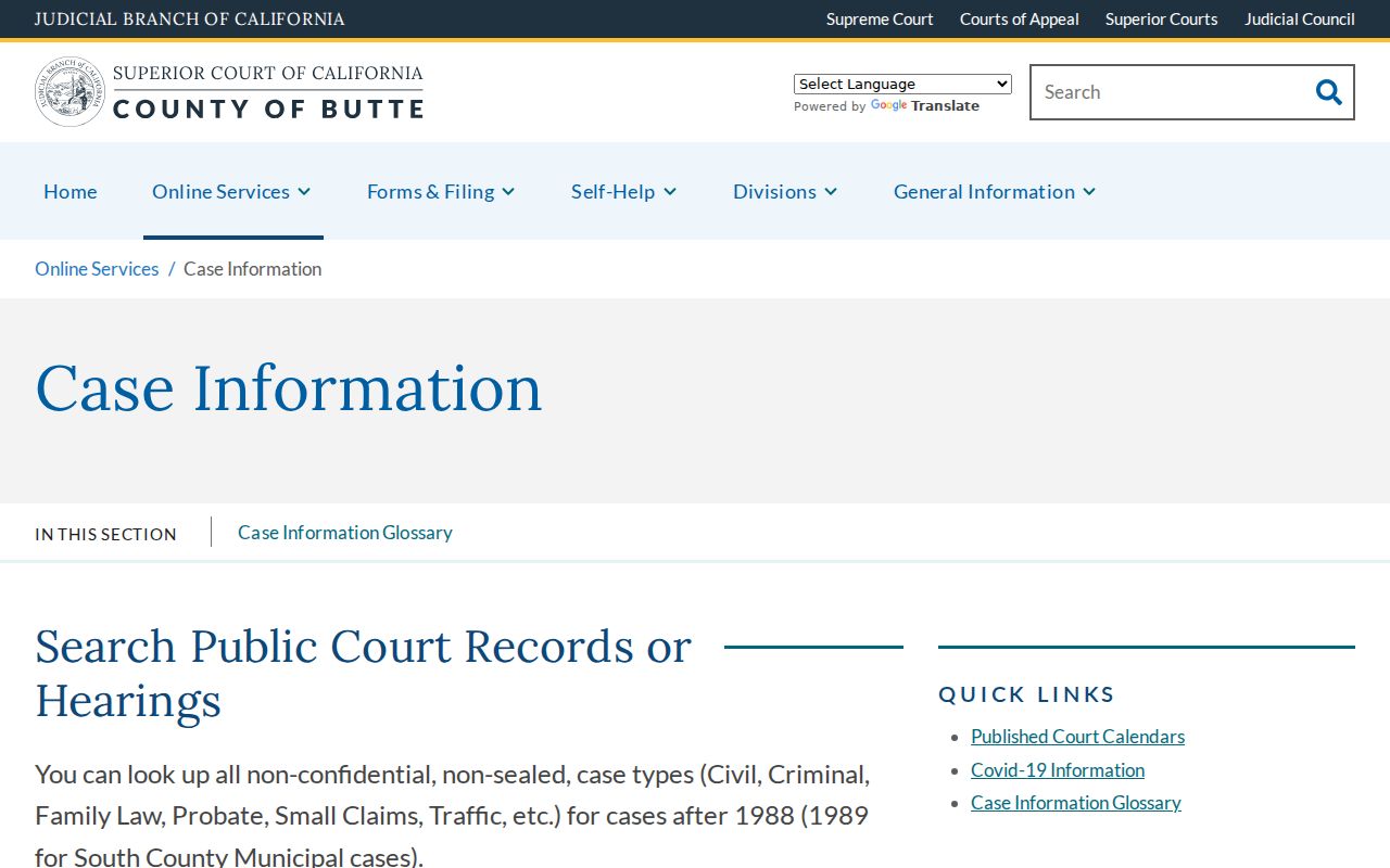 Butte County people search court case information page